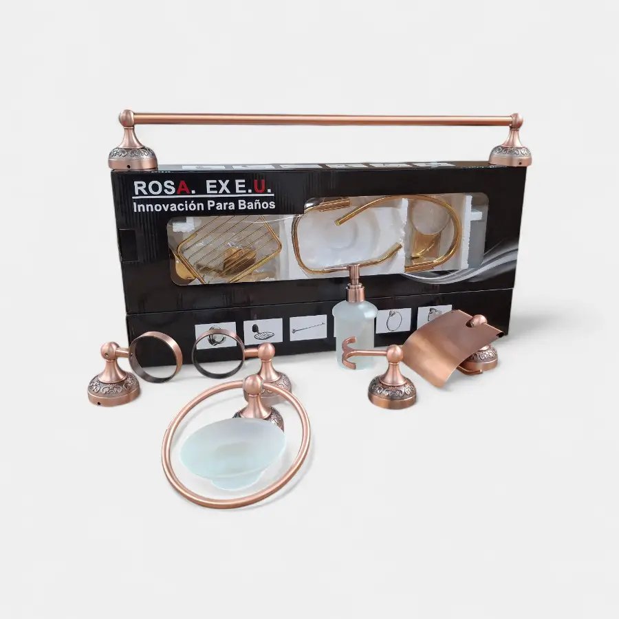 Set de accesorios de baño Innova Hogar, acabado oro rosa, con base de cerámica, que incluye barra para toalla, portacepillos, gancho y más.