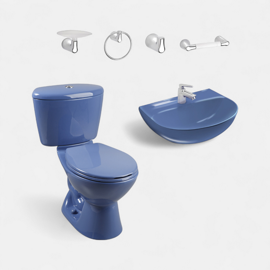Combo Sanitario Manantial Azul con pedestal, ideal para baños modernos y elegantes.