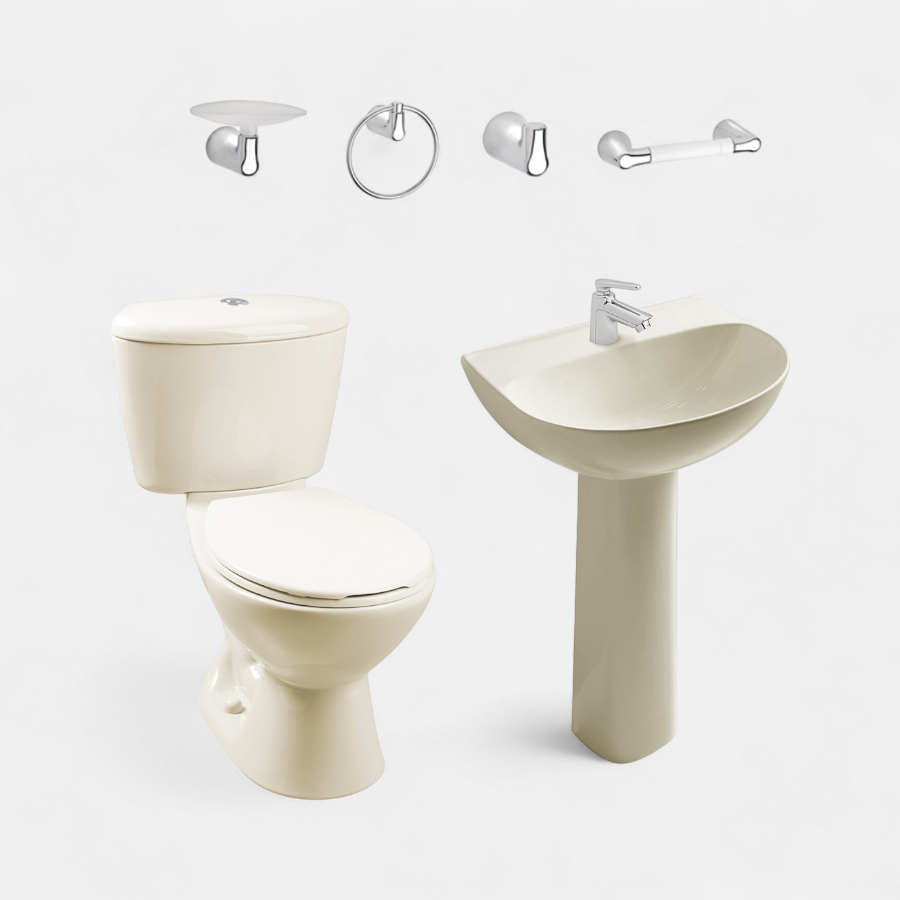 Combo Sanitario Manantial Bone con pedestal, ideal para baños modernos y elegantes.