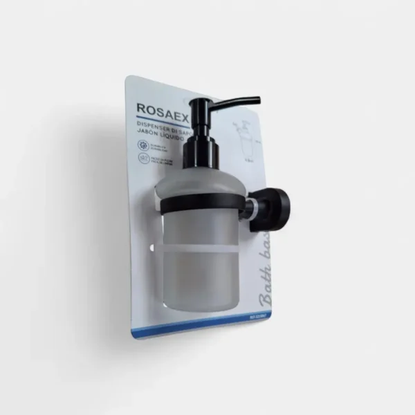 Dispensador de jabón base negra para baños modernos y lujosos.