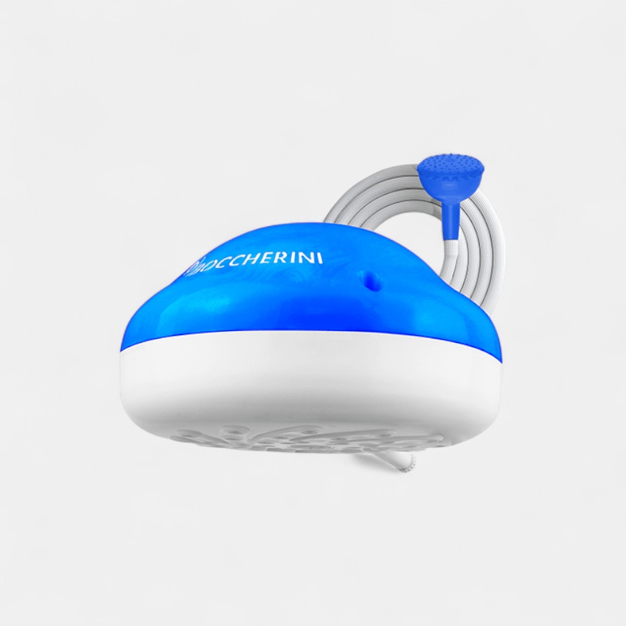 Ducha premium Zent azul con manguera, 110V, ideal para baños modernos y funcionales.