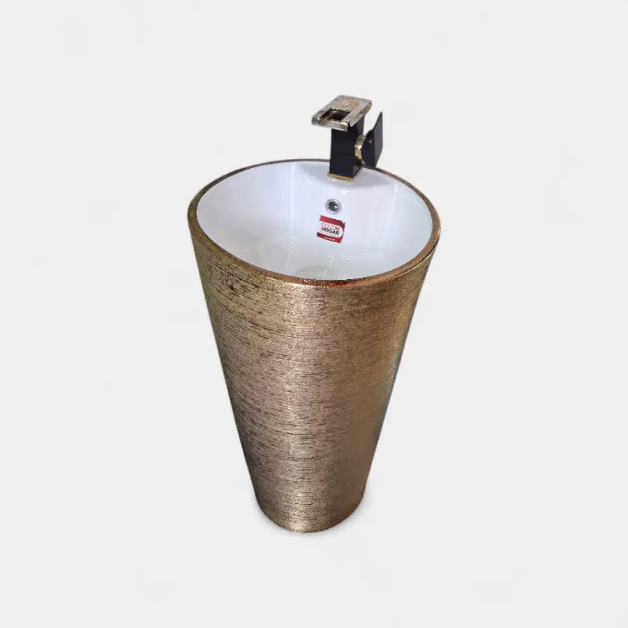 Lavamanos con pedestal tipo Vessel diseño redondo dorado, ideal para baños con estilo moderno y elegante, de Innova Hogar.