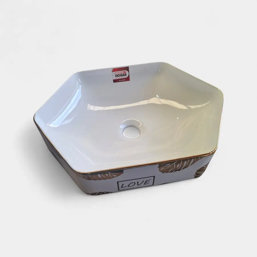 Lavamanos de sobreponer tipo Vessel exagonal en ref love mármol, diseño elegante y moderno de Innova Hogar, ideal para baños contemporáneos.