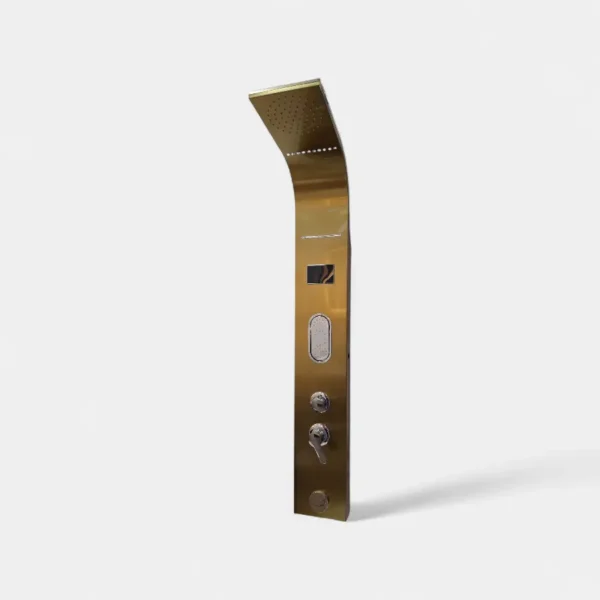 Torre de ducha dorada con diseño elegante, incluye controles de temperatura y dirección de agua.