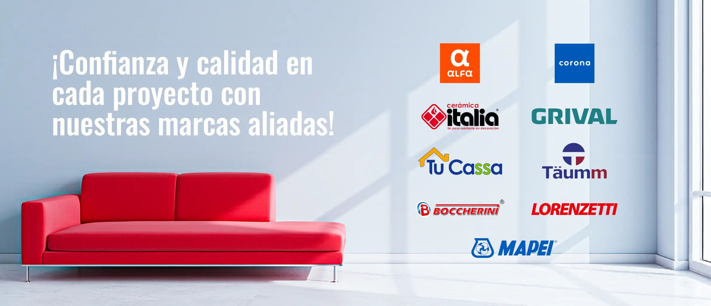 Sala pared blanca, logos marcas aliadas de innova Hogar