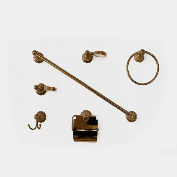 Accesorios de baño en bronce antiguo - set completo con toallero, porta rollo y ganchos elegantes