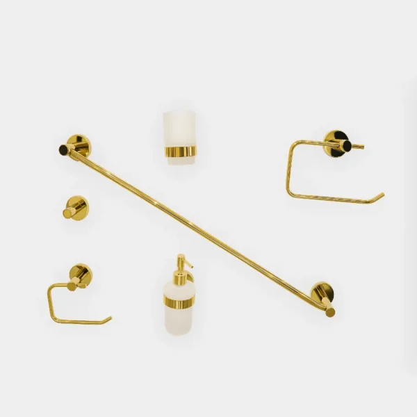Set de accesorios de baño dorado - toallero, porta papel, jabonera y dispensador de jabón