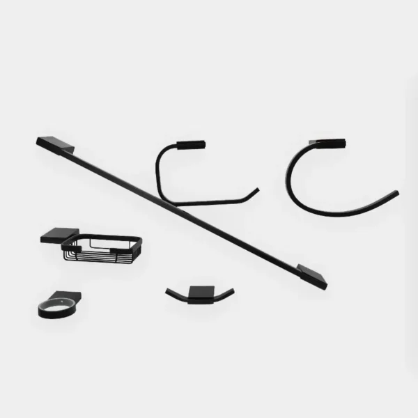 Set de 6 accesorios de baño negro mate - toallero, porta rollo, jabonera, gancho y portavelas