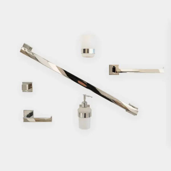 Set de accesorios de baño cromado - toallero, porta papel, jabonera y dispensador de jabón moderno