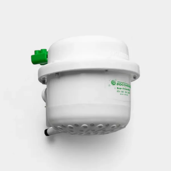 Ducha Boccherini Eco-Friendly blanca con detalle verde – Ahorro de agua y tecnología sostenible en INNOVA HOGAR