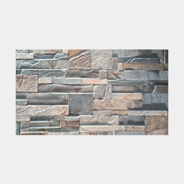 Cerámica 30x60 con acabado piedra irregular en marrón y gris para fachadas con estilo natural – Innova Hogar
