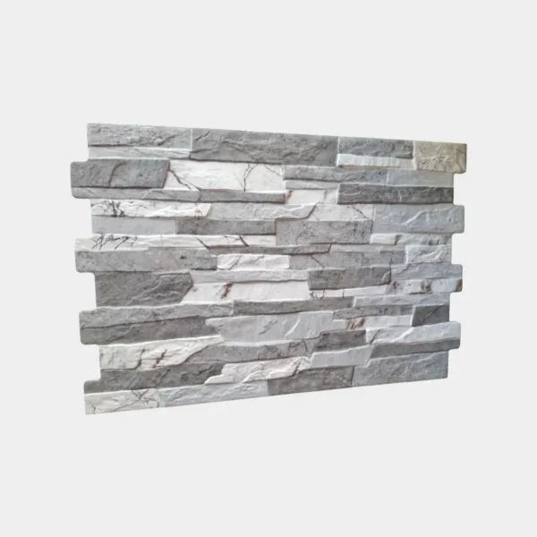 Panel cerámico 48 x 33 tipo piedra en gris y blanco con efecto natural para fachadas modernas – Innova Hogar