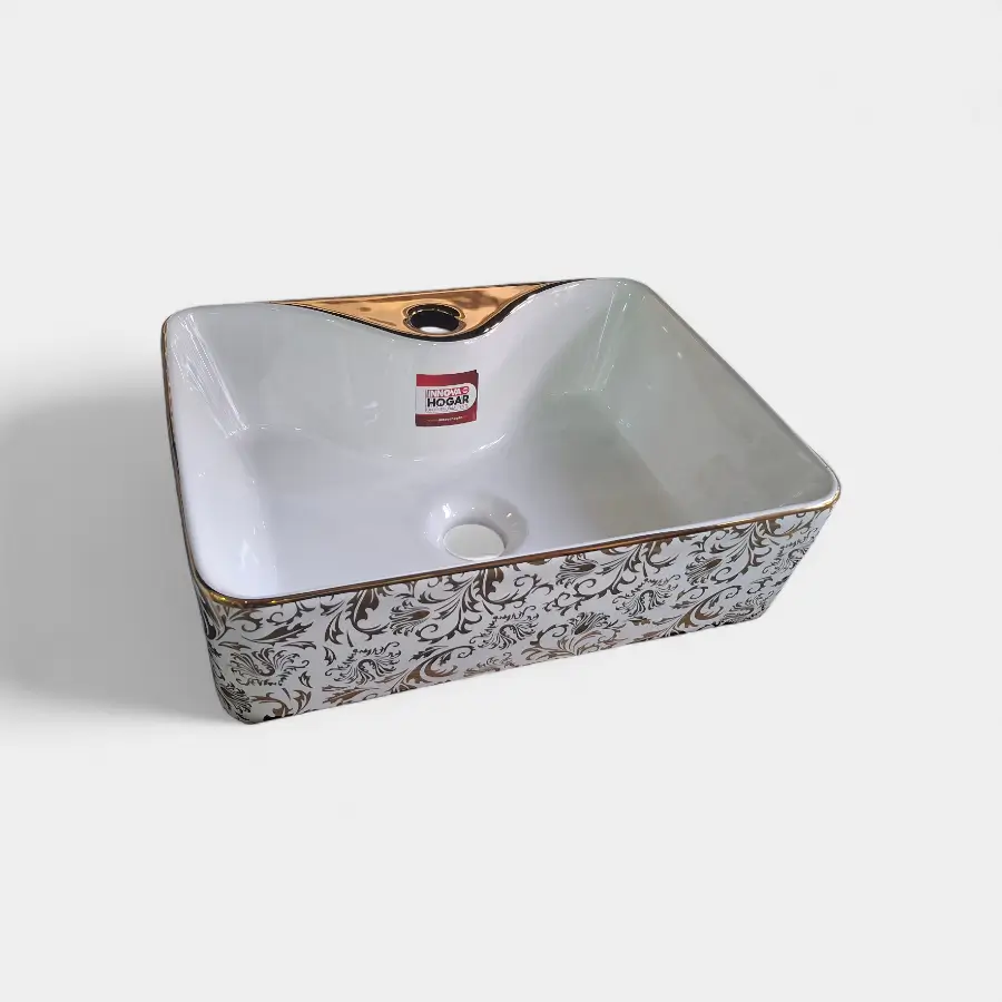 Lavamanos de sobreponer rectangular con patrón barroco y borde dorado – Innova Hogar