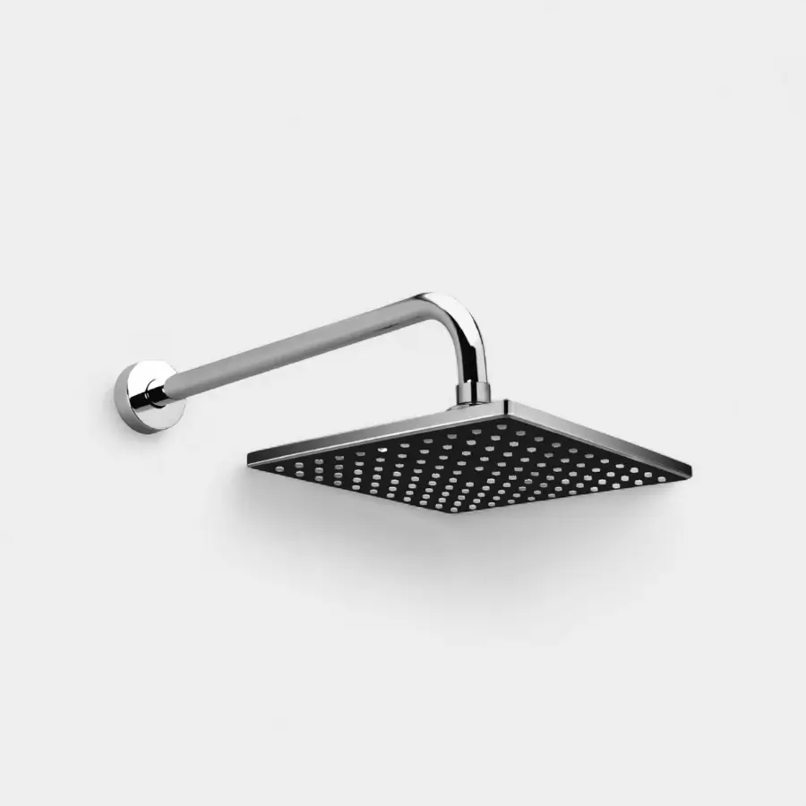 Regadera cuadrada negra mate con brazo cromado y montaje mural – Diseño moderno y contraste elegante para baños en INNOVA HOGAR